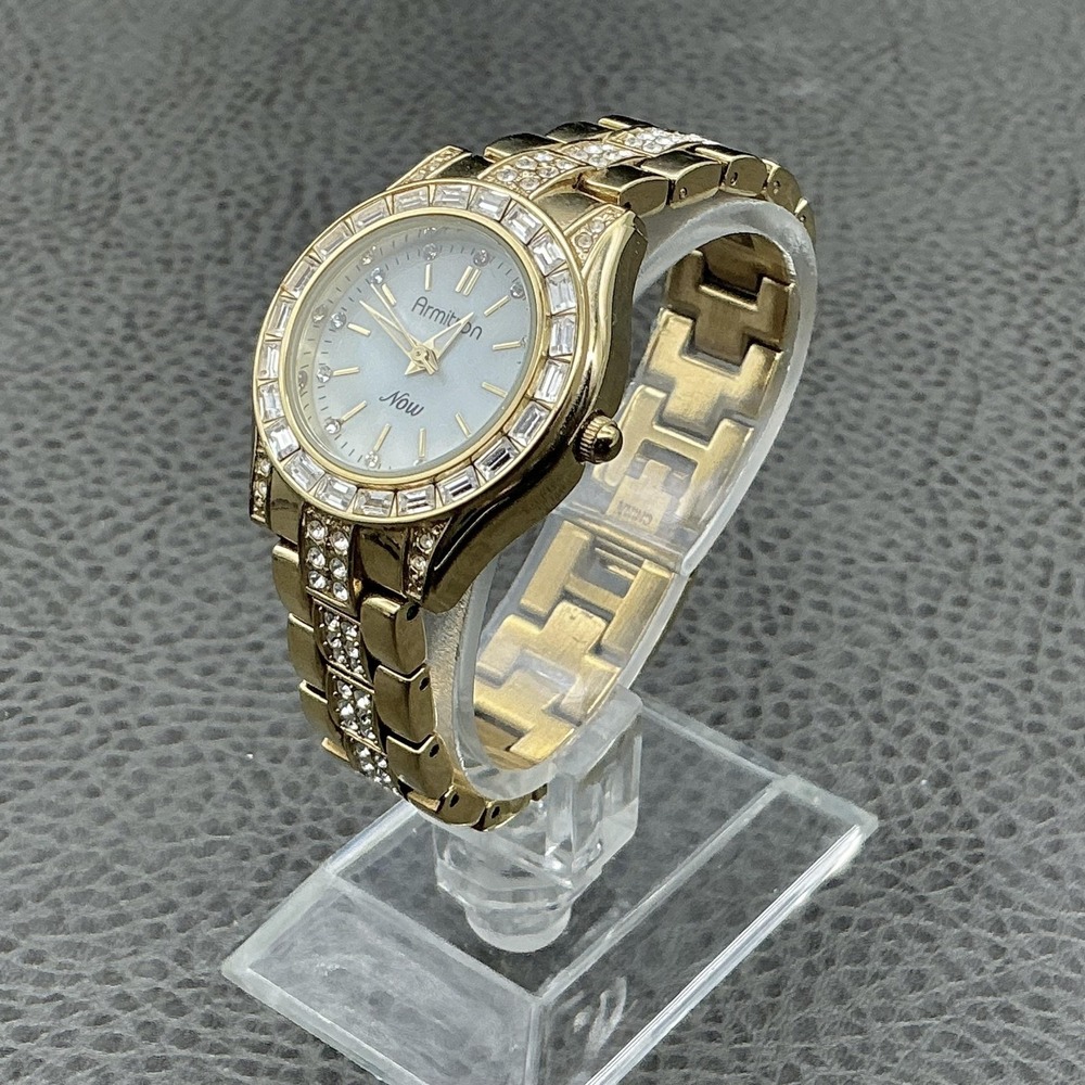 Armitron Now Watch Womens Gold Tone Crystal Bezel Bracelet Quartz NEW BATTERY